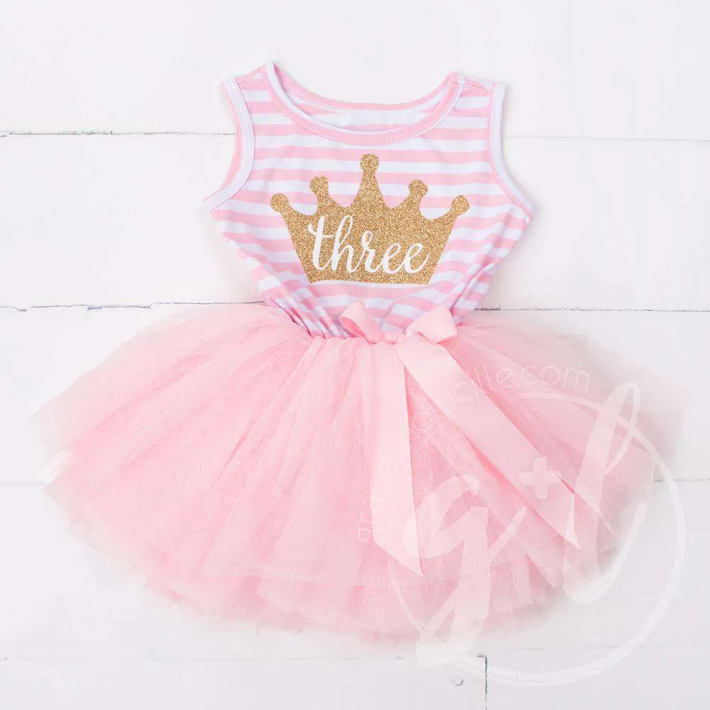 3rd Birthday Dress Gold Crown "THREE" Pink Striped Sleeveless