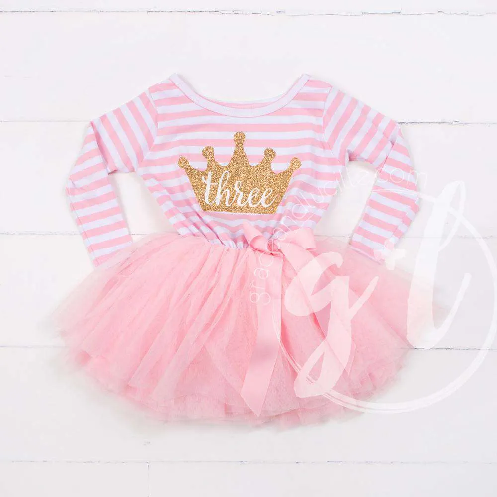 3rd Birthday Dress Gold Crown "THREE" Pink Striped Sleeveless