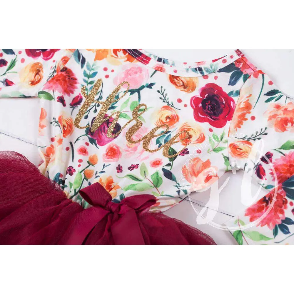 3rd Birthday Dress Gold Script "THREE" Cranberry Floral Long Sleeve Dress Combo with Pink Party Hat