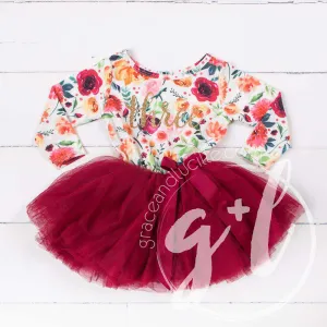 3rd Birthday Dress Gold Script "THREE" Cranberry Floral Long Sleeve Dress Combo with Pink Party Hat