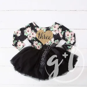 3rd Birthday Dress Heart of Gold "THREE" Black Floral Long Sleeve Dress Combo with Gold Party Hat