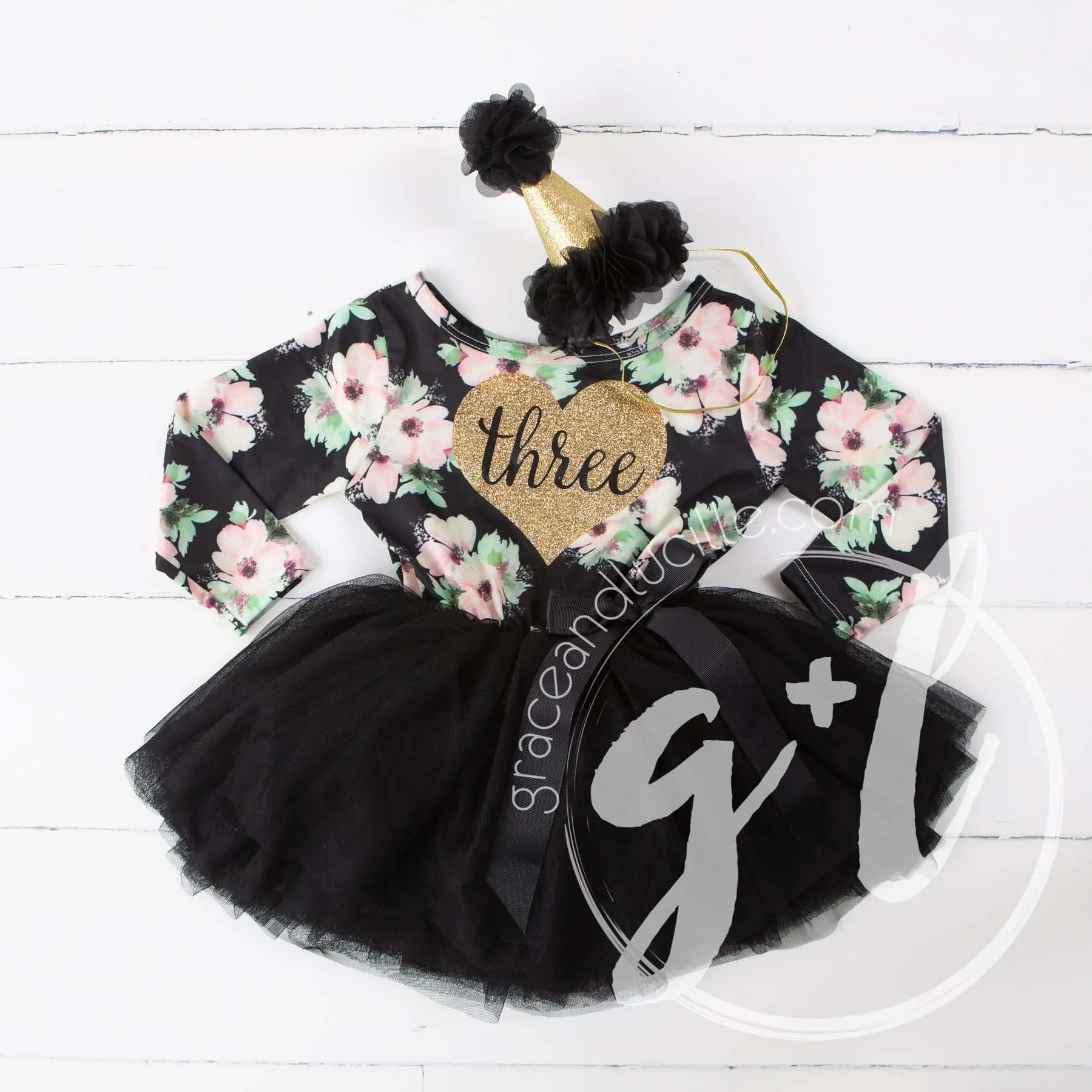 3rd Birthday Dress Heart of Gold "THREE" Black Floral Long Sleeve Dress Combo with Gold Party Hat