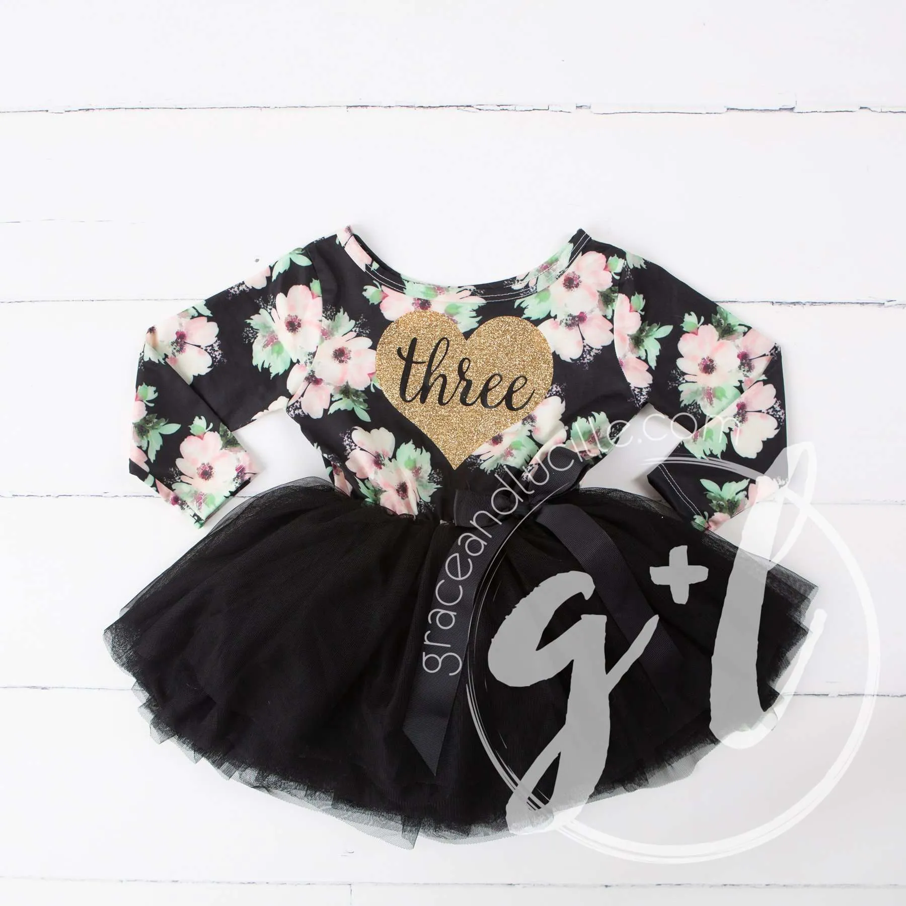 3rd Birthday Dress Heart of Gold "THREE" Black Floral Long Sleeve Dress Combo with Gold Party Hat