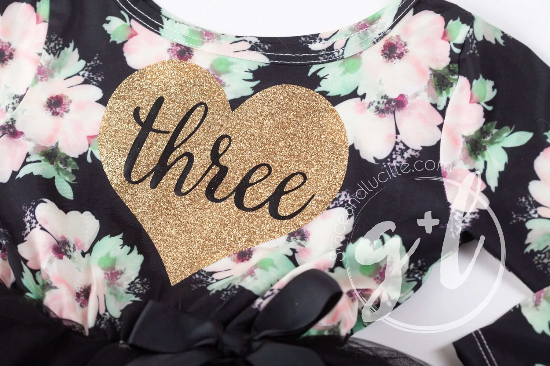 3rd Birthday Dress Heart of Gold "THREE" Black Floral Long Sleeve Dress Combo with Gold Party Hat