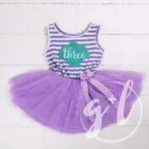 3rd Birthday Mermaid Dress Aqua Shell "THREE" on Purple Striped Sleeveless Dress