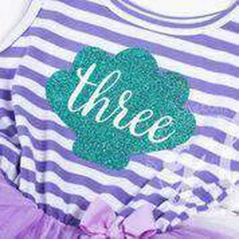 3rd Birthday Mermaid Dress Aqua Shell "THREE" on Purple Striped Sleeveless Dress