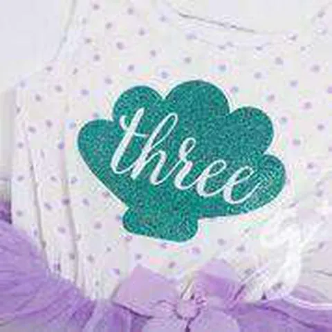 3rd Birthday Mermaid Outfit Aqua Shell & "THREE" on Purple Polka Dot Sleeveless Dress
