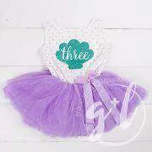 3rd Birthday Mermaid Outfit Aqua Shell & "THREE" on Purple Polka Dot Sleeveless Dress