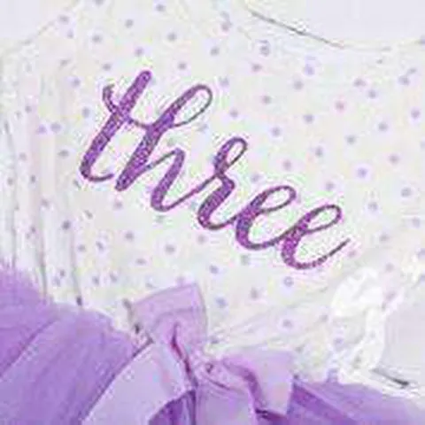 3rd Birthday Outfit Purple Script "THREE" on Purple Polka Dot Sleeveless Dress
