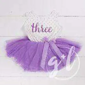 3rd Birthday Outfit Purple Script "THREE" on Purple Polka Dot Sleeveless Dress