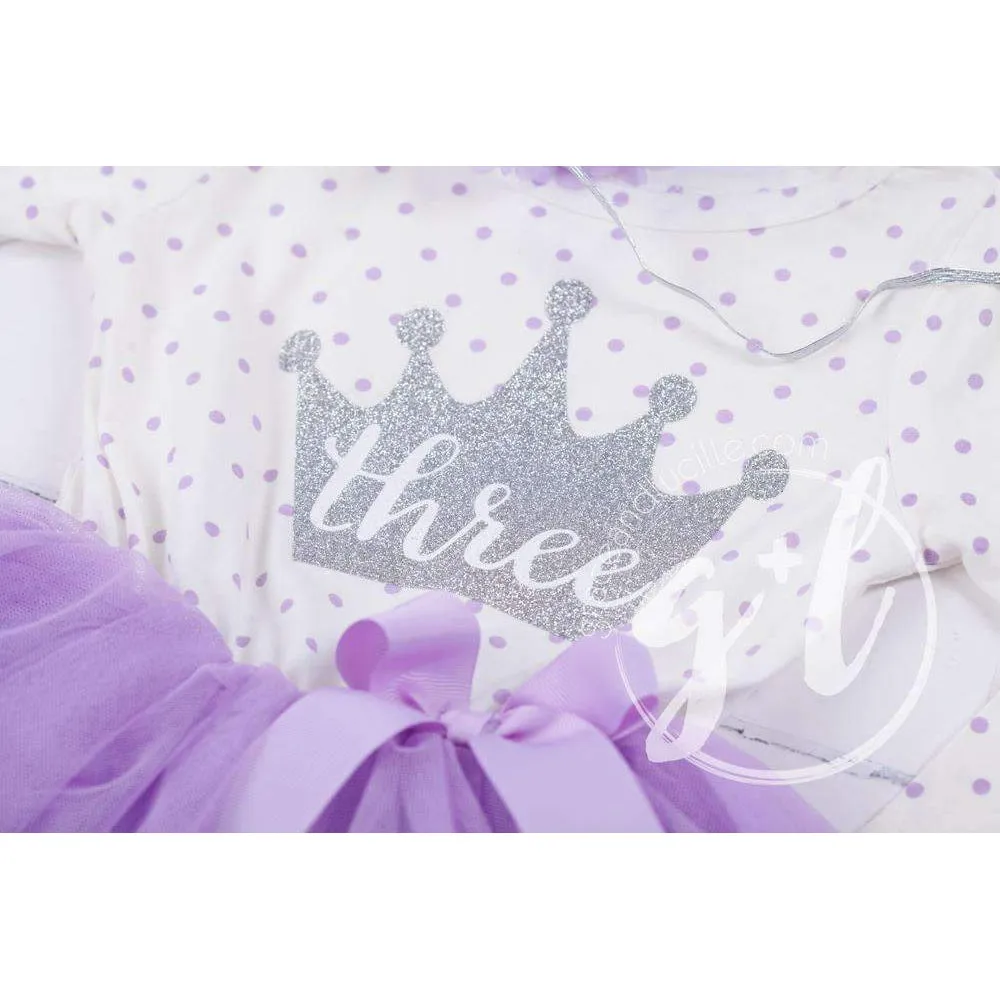 3rd Birthday Outfit "THREE" Silver Crown Purple Polka Dot Long Sleeve Dress & Purple /Silver Party Hat