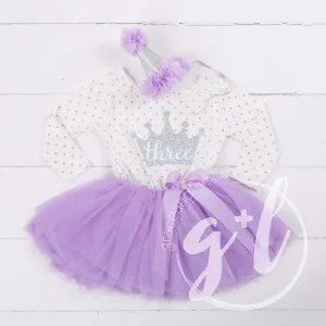 3rd Birthday Outfit "THREE" Silver Crown Purple Polka Dot Long Sleeve Dress & Purple /Silver Party Hat