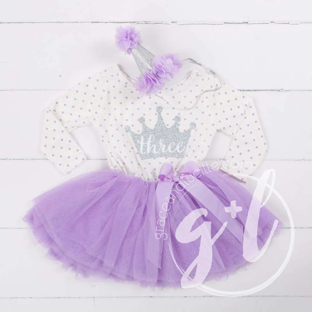 3rd Birthday Outfit "THREE" Silver Crown Purple Polka Dot Long Sleeve Dress & Purple /Silver Party Hat
