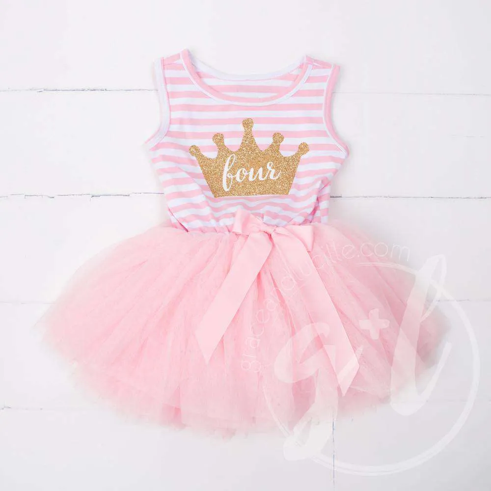 4th Birthday Dress Gold Crown "FOUR" Pink Striped Long Sleeve