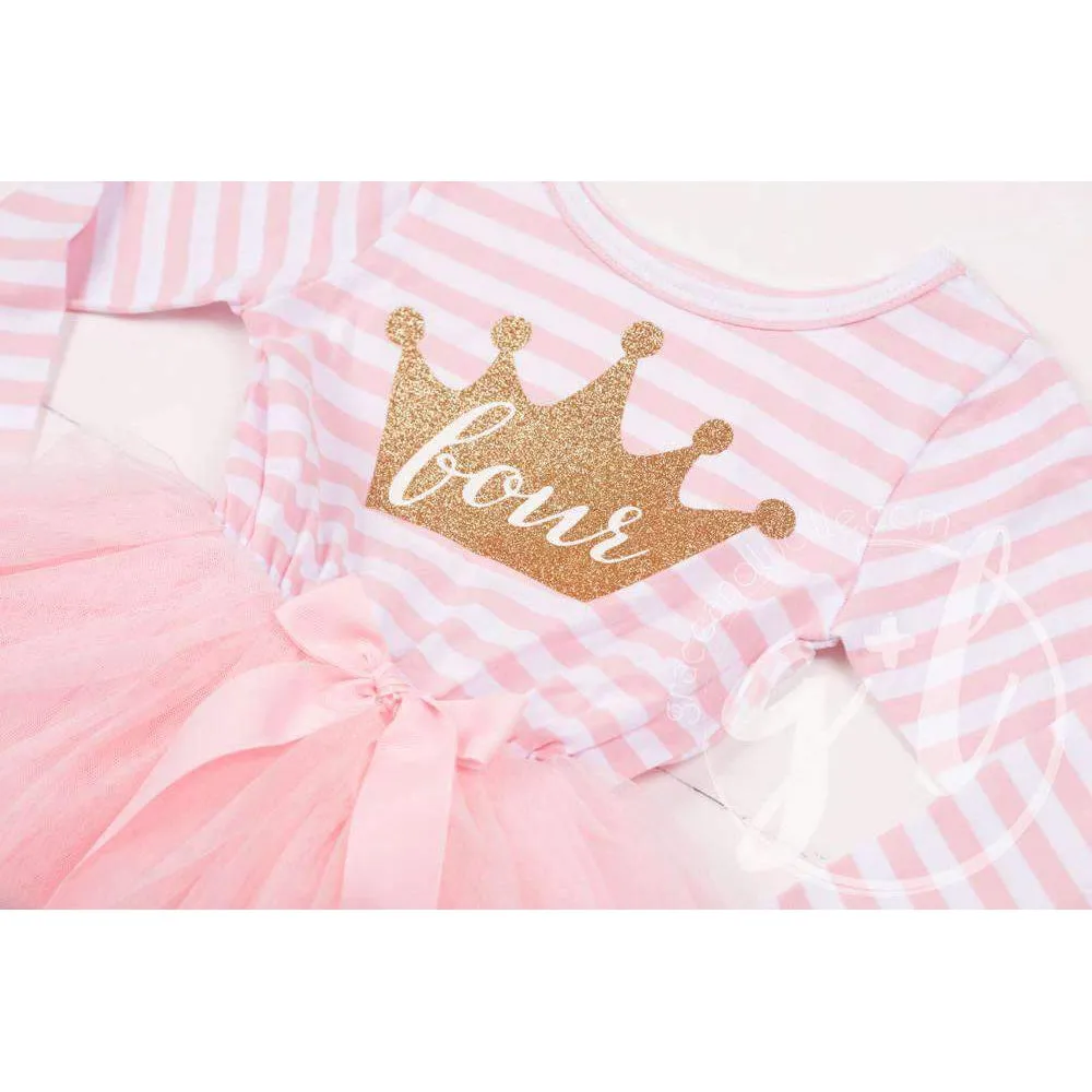 4th Birthday Dress Gold Crown "FOUR" Pink Striped Long Sleeve