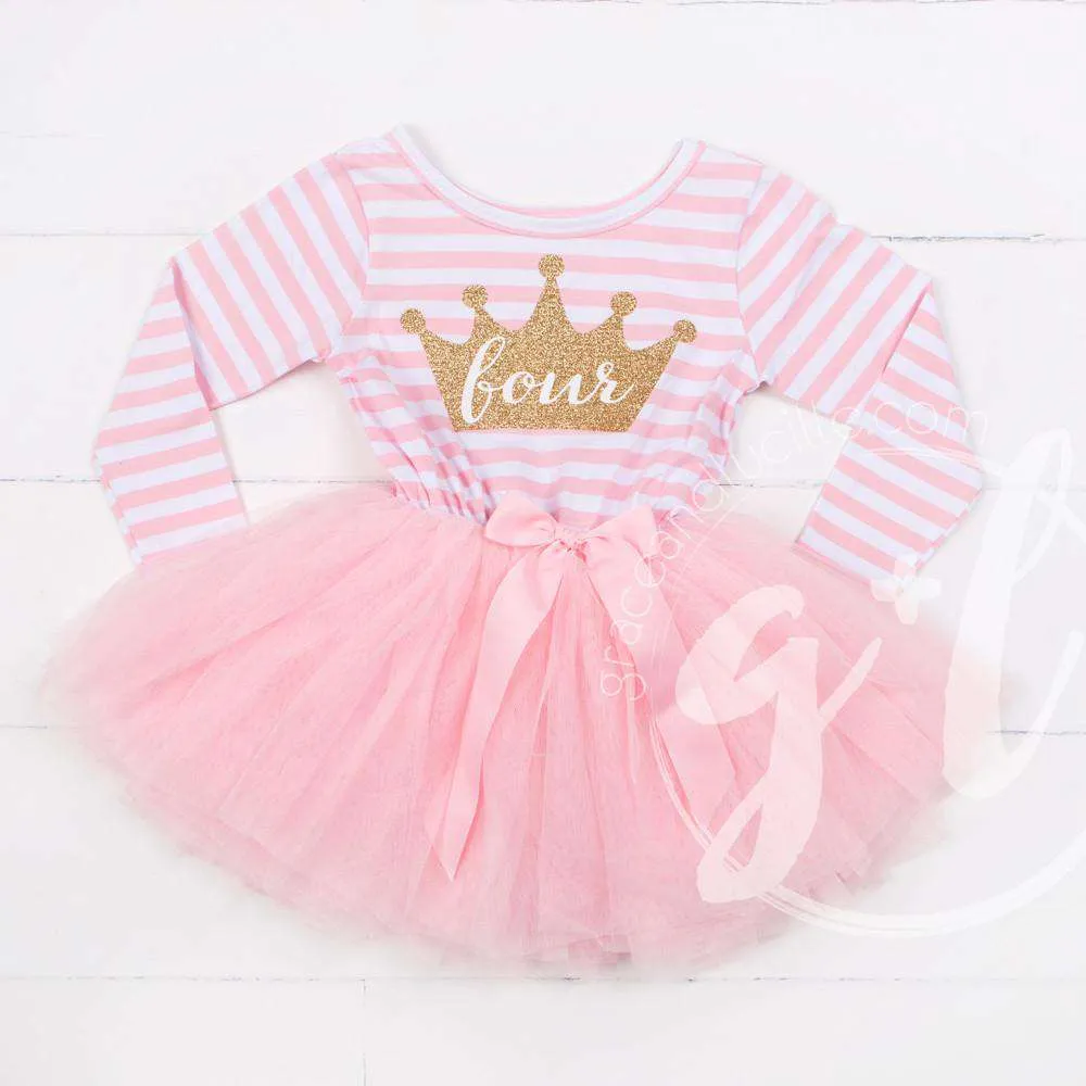 4th Birthday Dress Gold Crown "FOUR" Pink Striped Long Sleeve