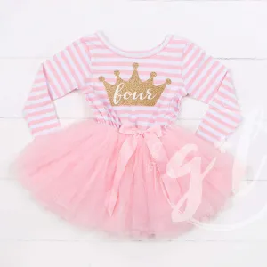 4th Birthday Dress Gold Crown "FOUR" Pink Striped Long Sleeve