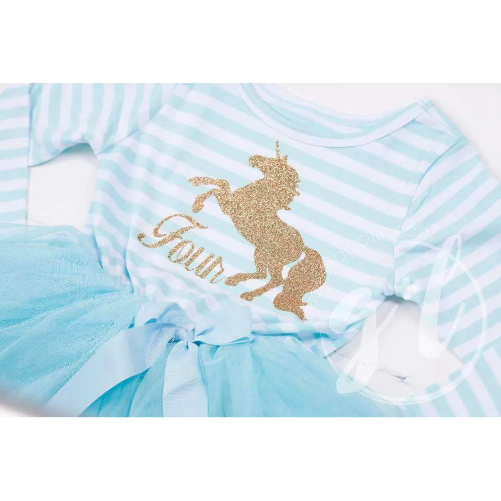 4th Birthday Dress Gold Unicorn "FOUR" Aqua Striped Long Sleeves