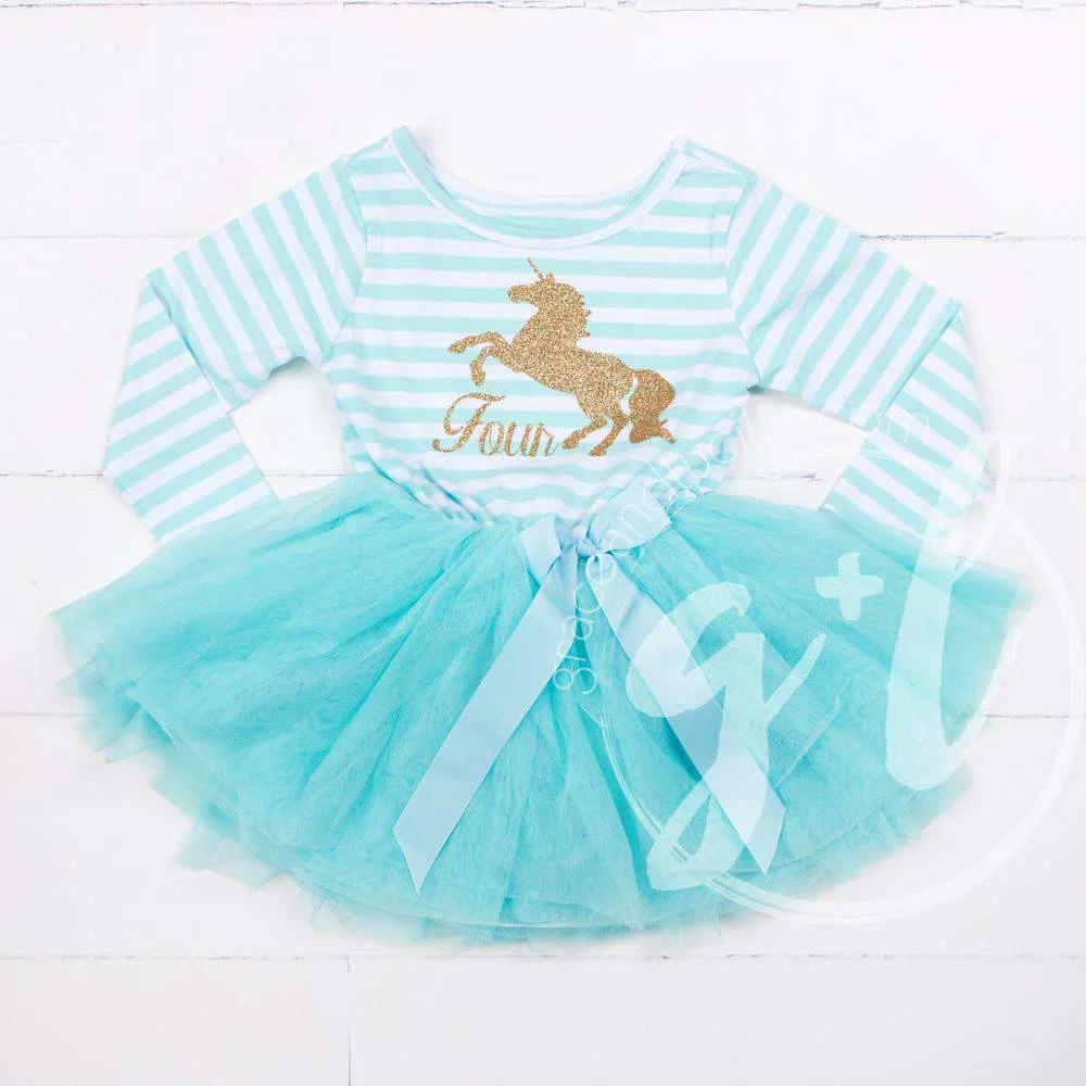 4th Birthday Dress Gold Unicorn "FOUR" Aqua Striped Long Sleeves