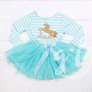 4th Birthday Dress Gold Unicorn "FOUR" Aqua Striped Long Sleeves