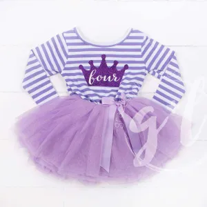 4th Birthday Dress Purple Crown "FOUR" Purple Striped Long Sleeves