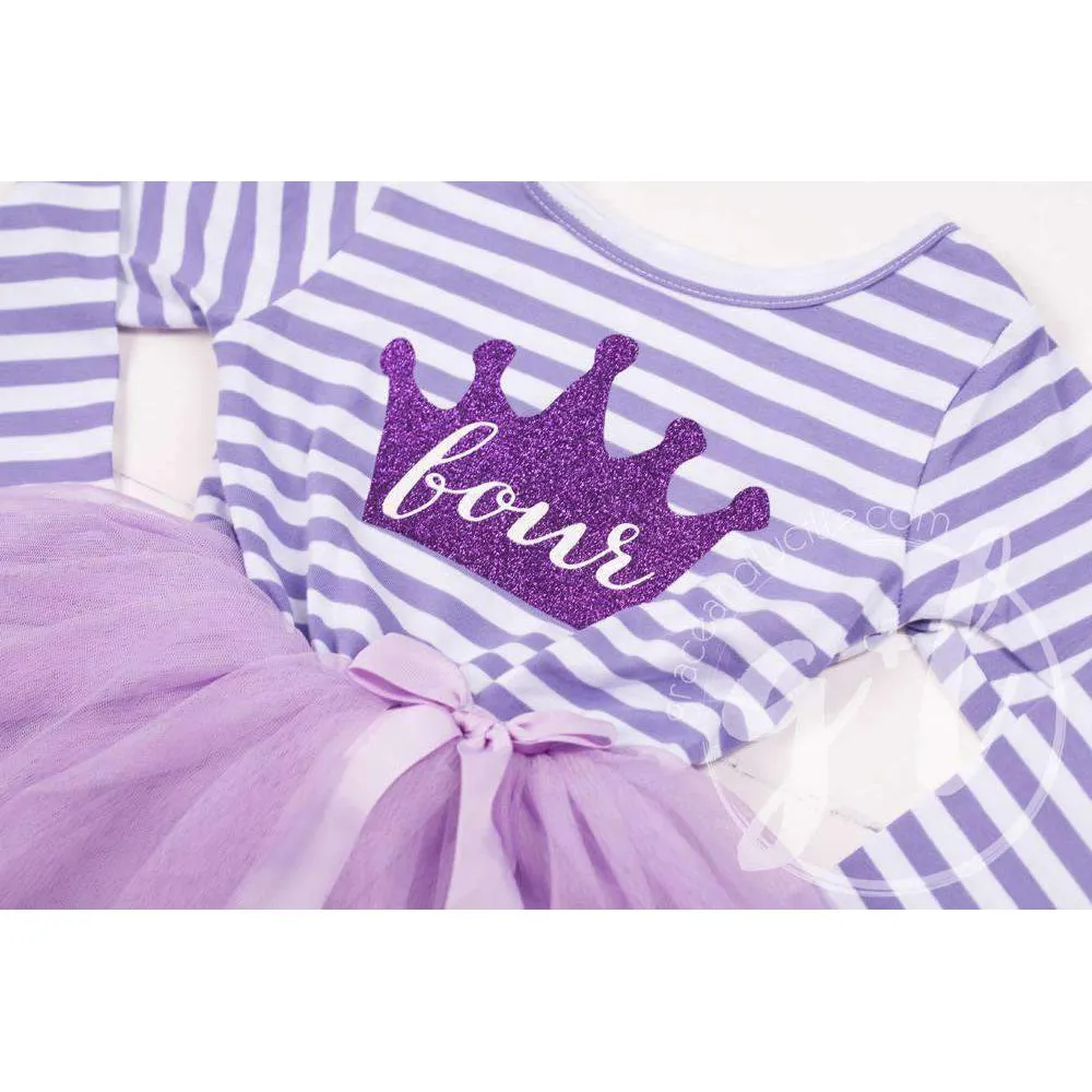 4th Birthday Dress Purple Crown "FOUR" Purple Striped Long Sleeves