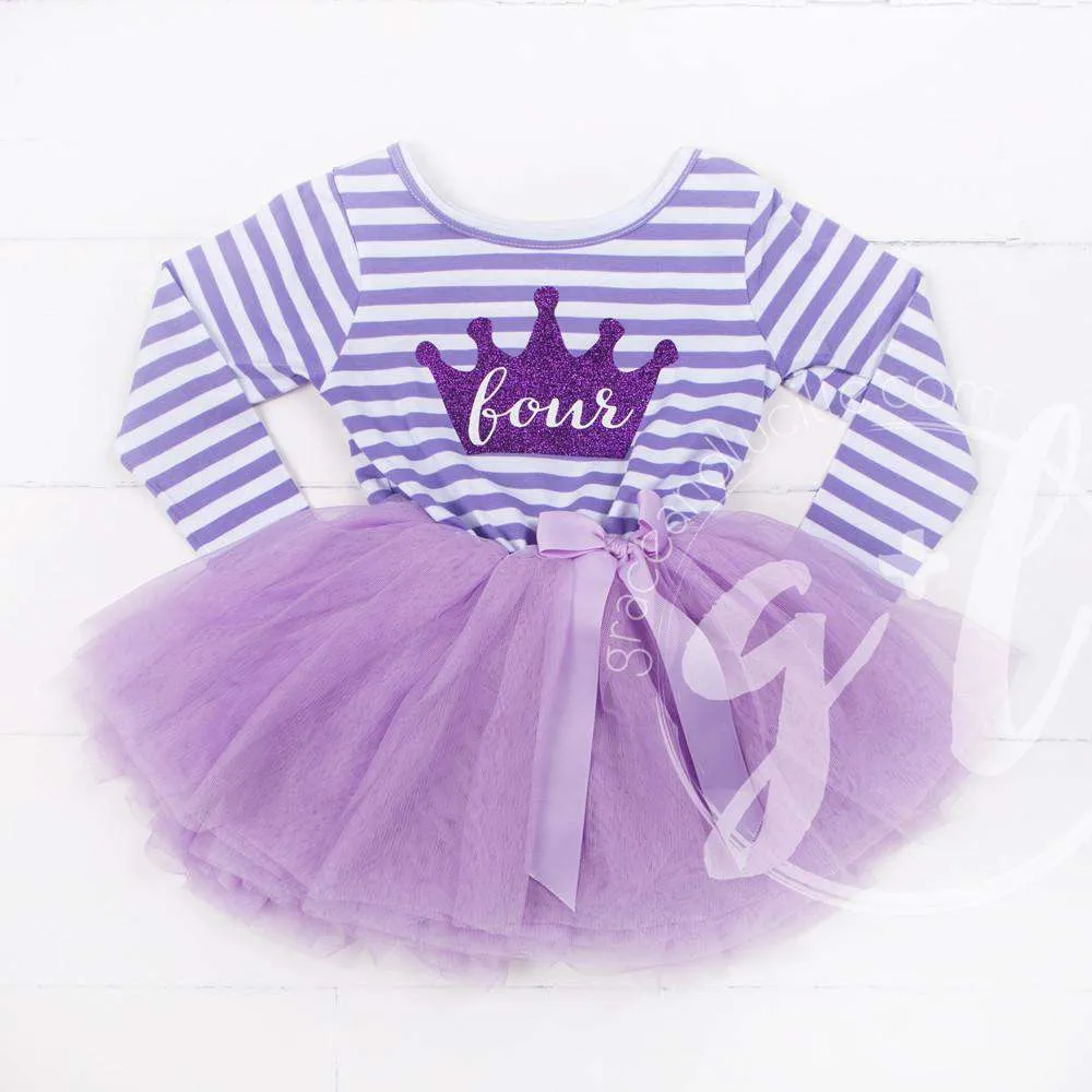 4th Birthday Dress Purple Crown "FOUR" Purple Striped Long Sleeves