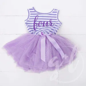 4th Birthday Dress Purple Script "FOUR" Purple Striped Sleeveless