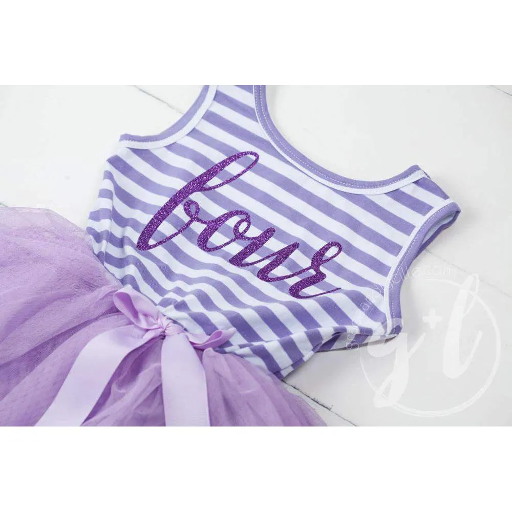 4th Birthday Dress Purple Script "FOUR" Purple Striped Sleeveless