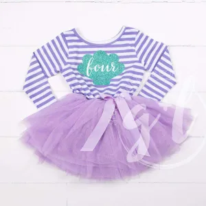 4th Birthday Mermaid Dress Aqua Sea Shell "FOUR" Purple Striped Long Sleeves