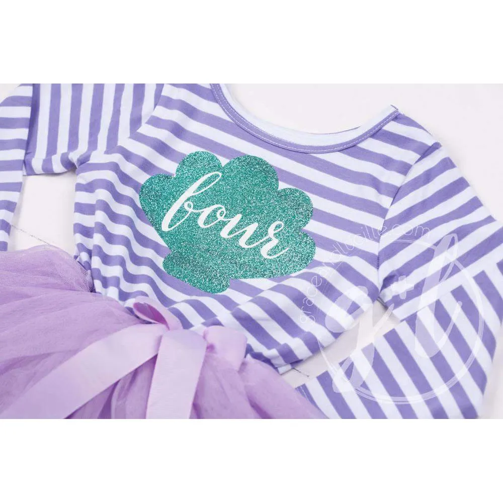 4th Birthday Mermaid Dress Aqua Sea Shell "FOUR" Purple Striped Long Sleeves