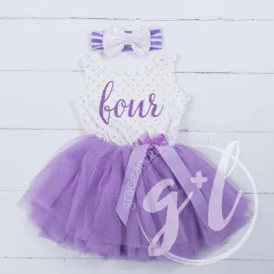 4th Birthday Outfit FOUR & HER NAME Purple Polka Dot Sleeveless Tutu Dress & Opalescent Bow Headband