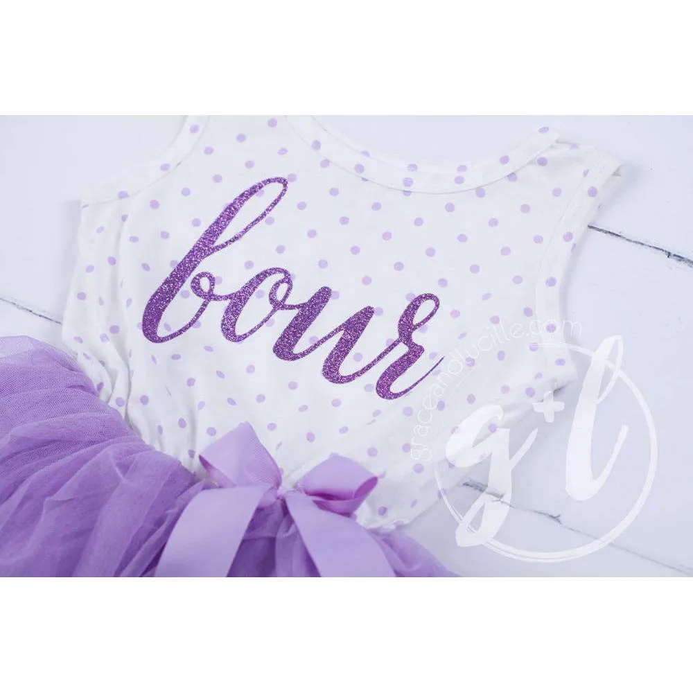 4th Birthday Outfit Purple FOUR & HER NAME Purple Polka Dot Sleeveless Tutu Dress & Purple Party Hat