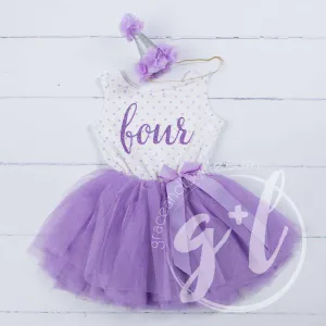 4th Birthday Outfit Purple FOUR & HER NAME Purple Polka Dot Sleeveless Tutu Dress & Purple Party Hat