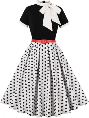 50s Style Dresses for Women Vintage Short Sleeve Tie Neck Swing Dress Midi Prom Dress with Belt