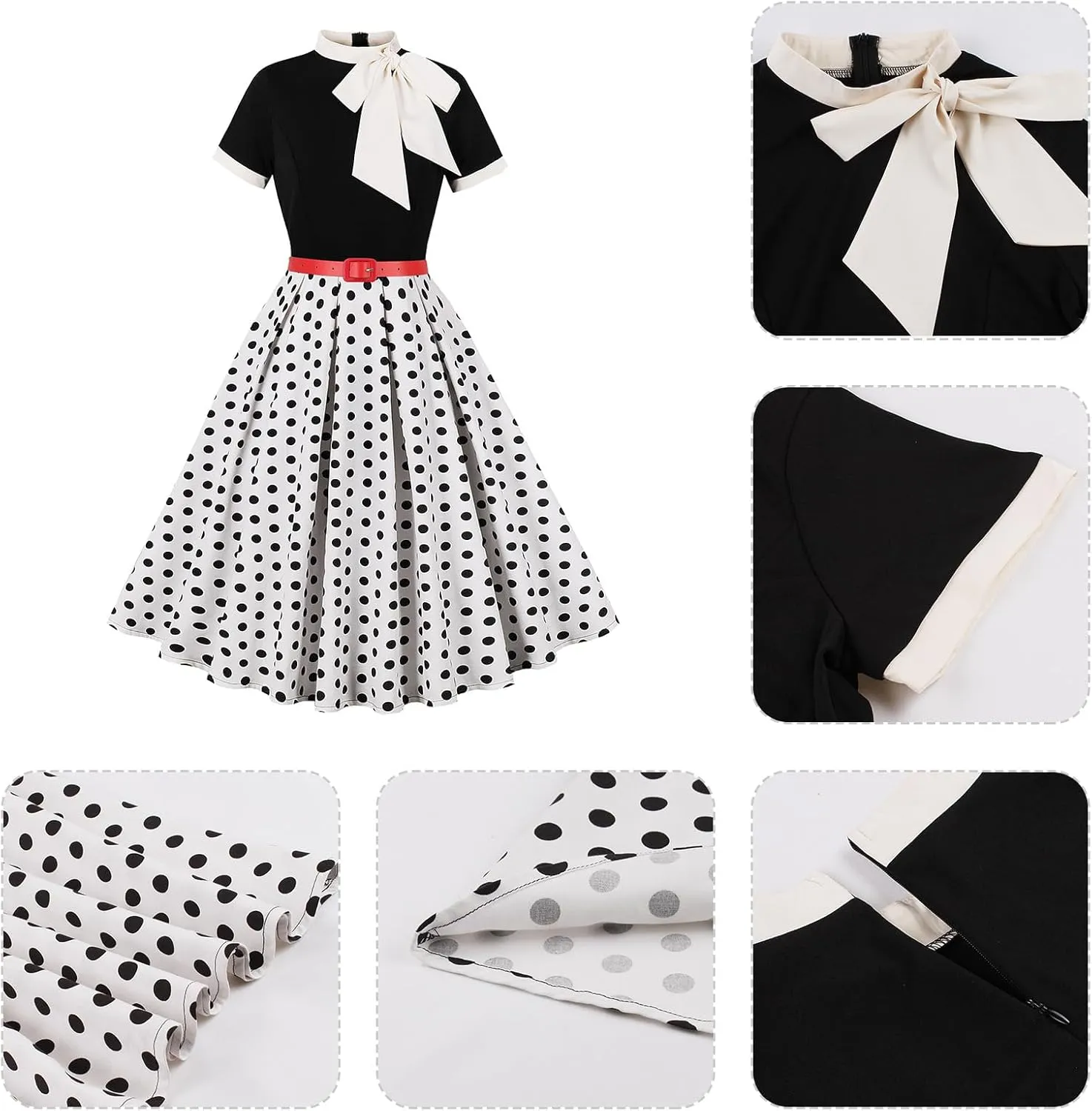 50s Style Dresses for Women Vintage Short Sleeve Tie Neck Swing Dress Midi Prom Dress with Belt