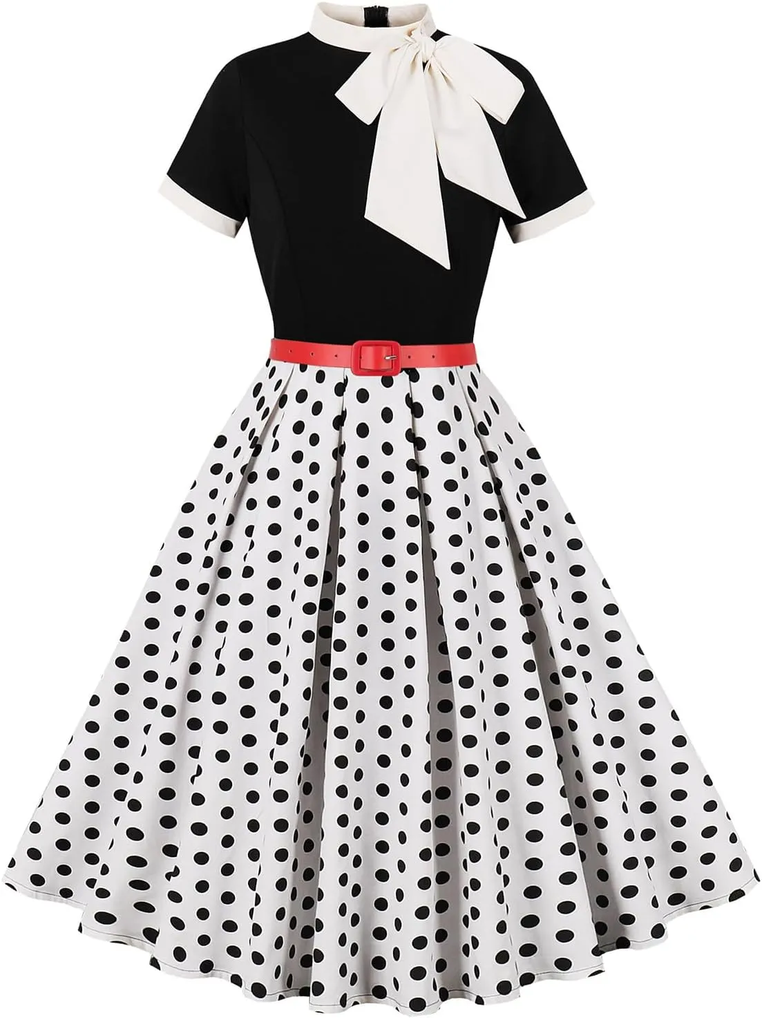 50s Style Dresses for Women Vintage Short Sleeve Tie Neck Swing Dress Midi Prom Dress with Belt