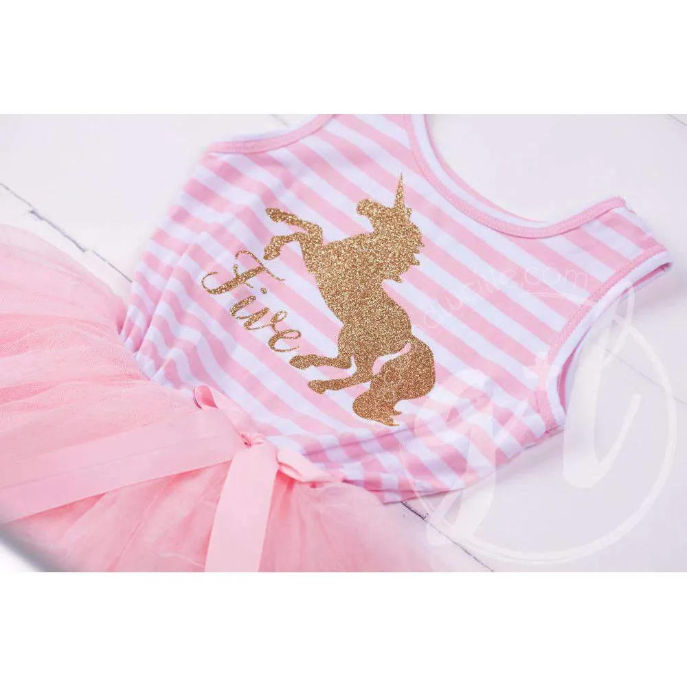 5th Birthday Dress Gold Unicorn "FIVE" Pink Striped Sleeveless