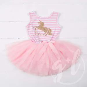 5th Birthday Dress Gold Unicorn "FIVE" Pink Striped Sleeveless