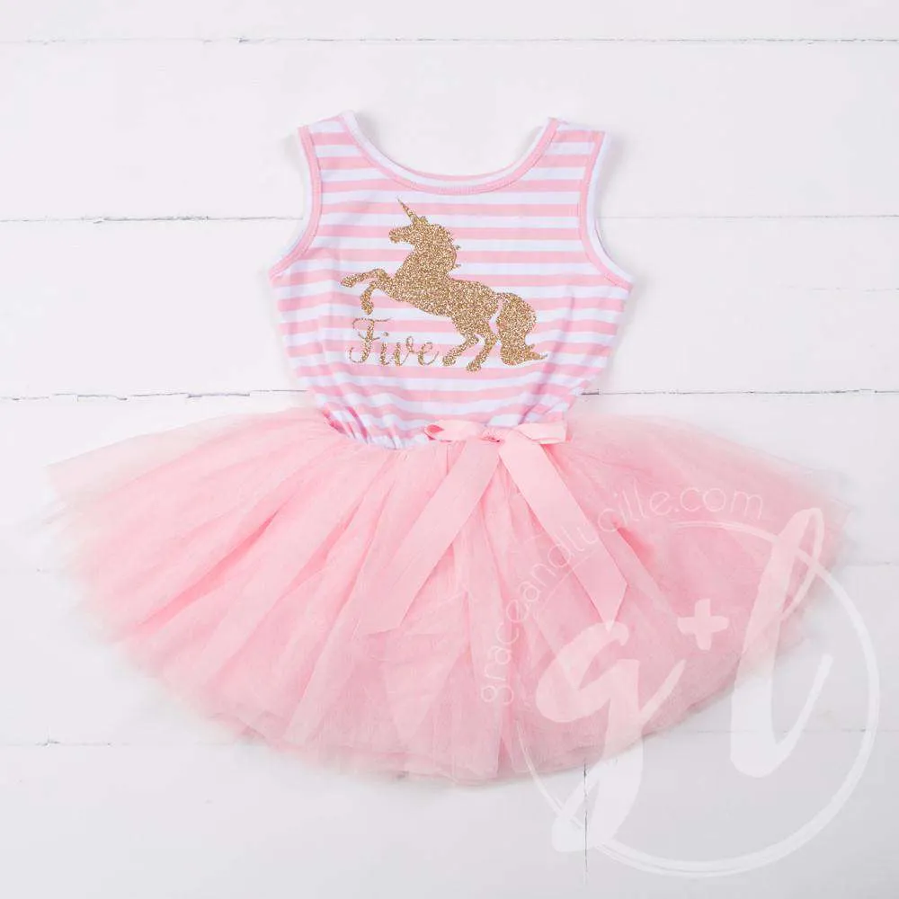 5th Birthday Dress Gold Unicorn "FIVE" Pink Striped Sleeveless