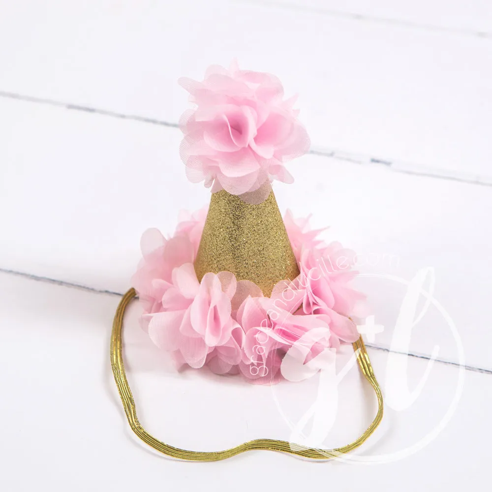 5th Birthday Dress Heart of Gold "FIVE" Cranberry Floral Long Sleeve Dress Combo with Pink Party Hat
