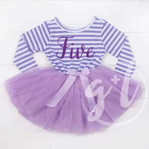 5th Birthday Dress Purple Script "FIVE" Purple Striped Long Sleeves