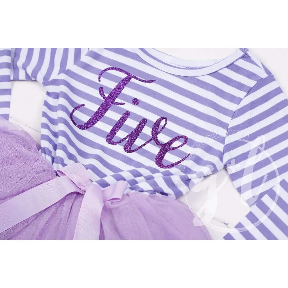 5th Birthday Dress Purple Script "FIVE" Purple Striped Long Sleeves