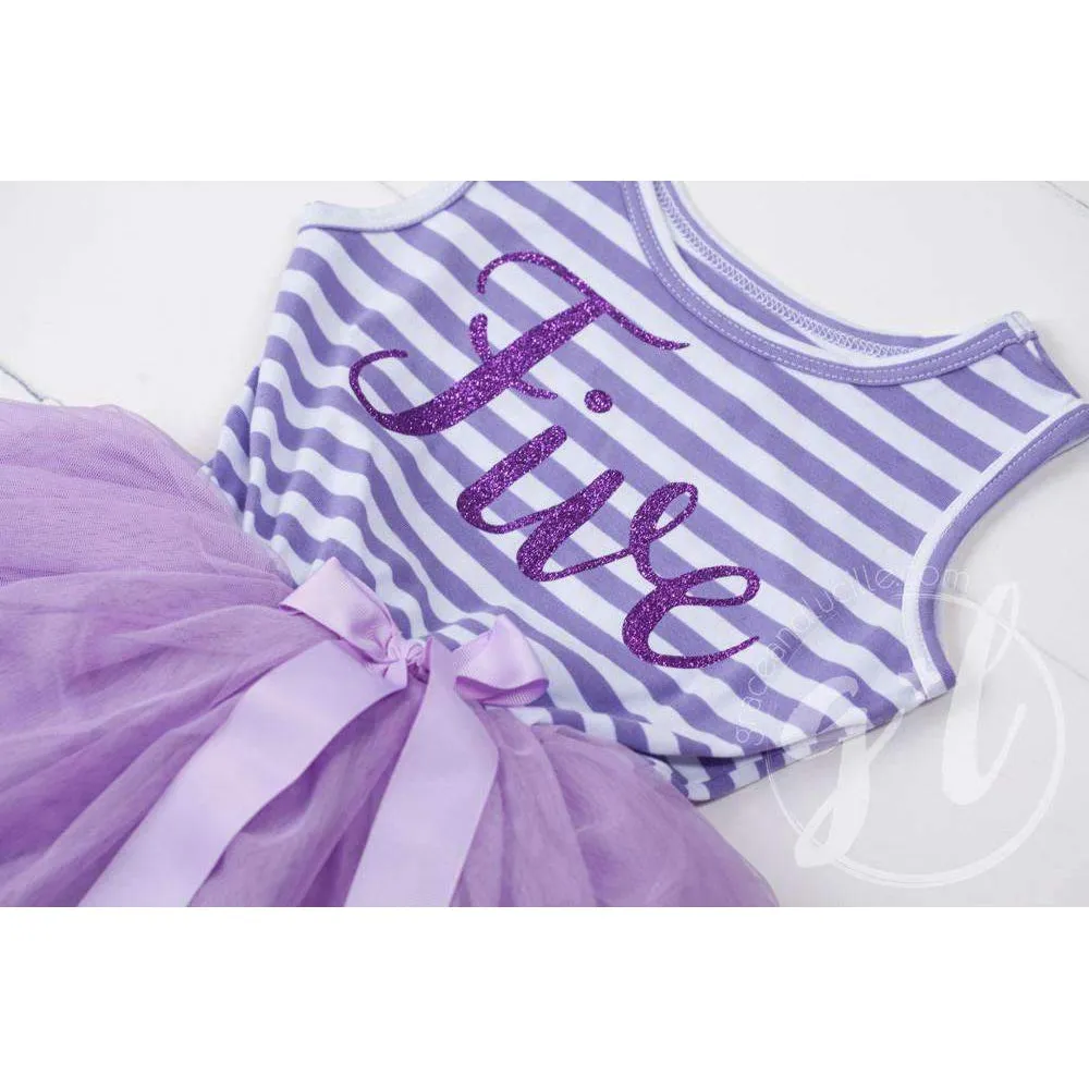 5th Birthday Dress Purple Script "FIVE" Purple Striped Sleeveless