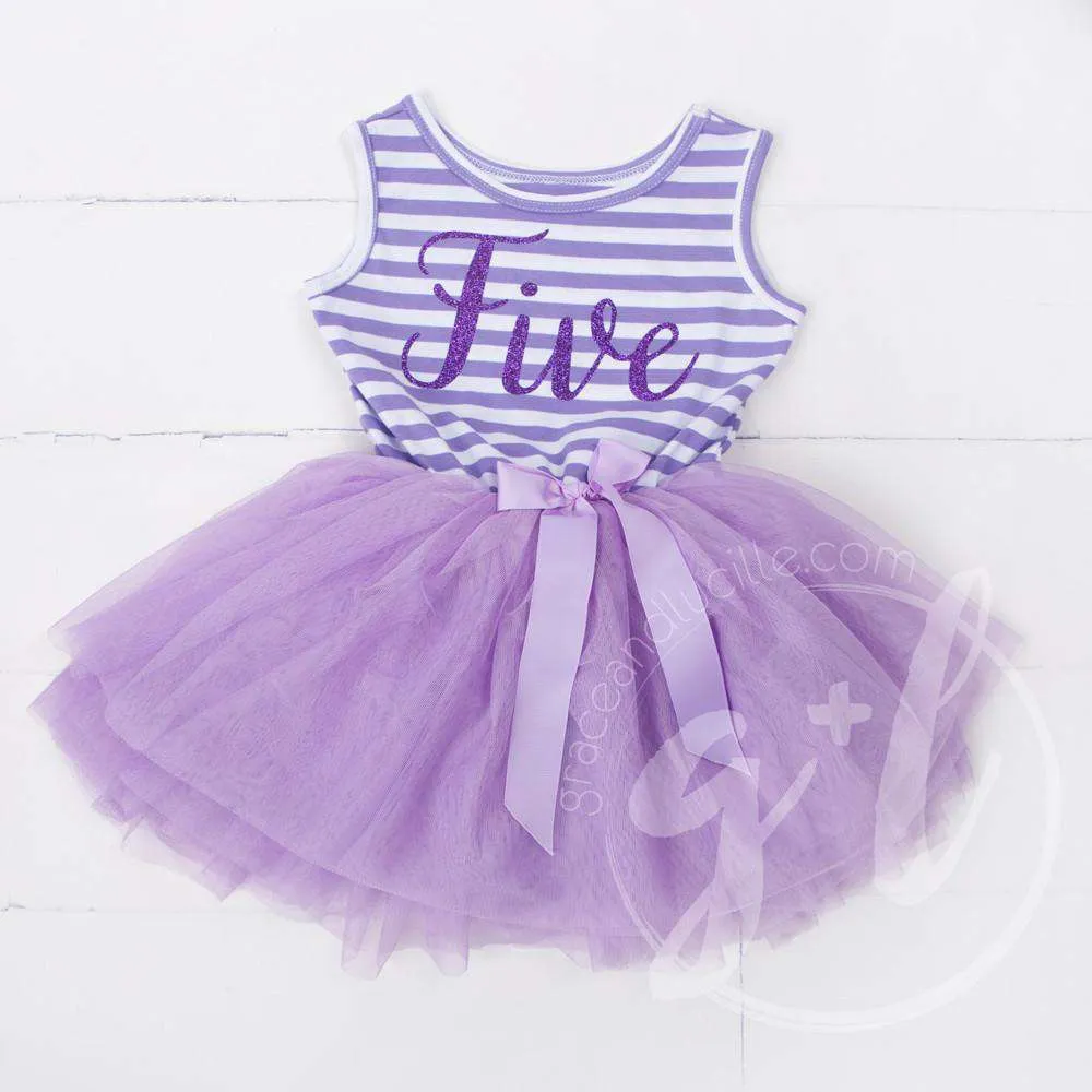 5th Birthday Dress Purple Script "FIVE" Purple Striped Sleeveless