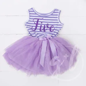 5th Birthday Dress Purple Script "FIVE" Purple Striped Sleeveless