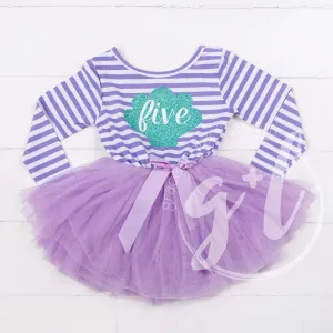 5th Birthday Mermaid Dress Aqua Sea Shell "FIVE" Purple Striped Long Sleeves