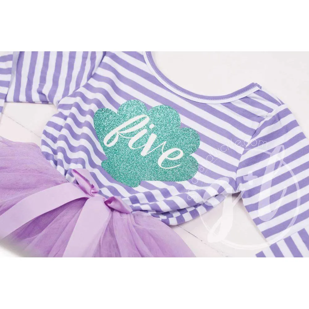 5th Birthday Mermaid Dress Aqua Sea Shell "FIVE" Purple Striped Long Sleeves