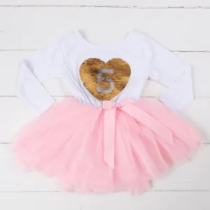 5th Birthday Outfit with FLIP Sequin Heart of Gold numeric FIVE heart
