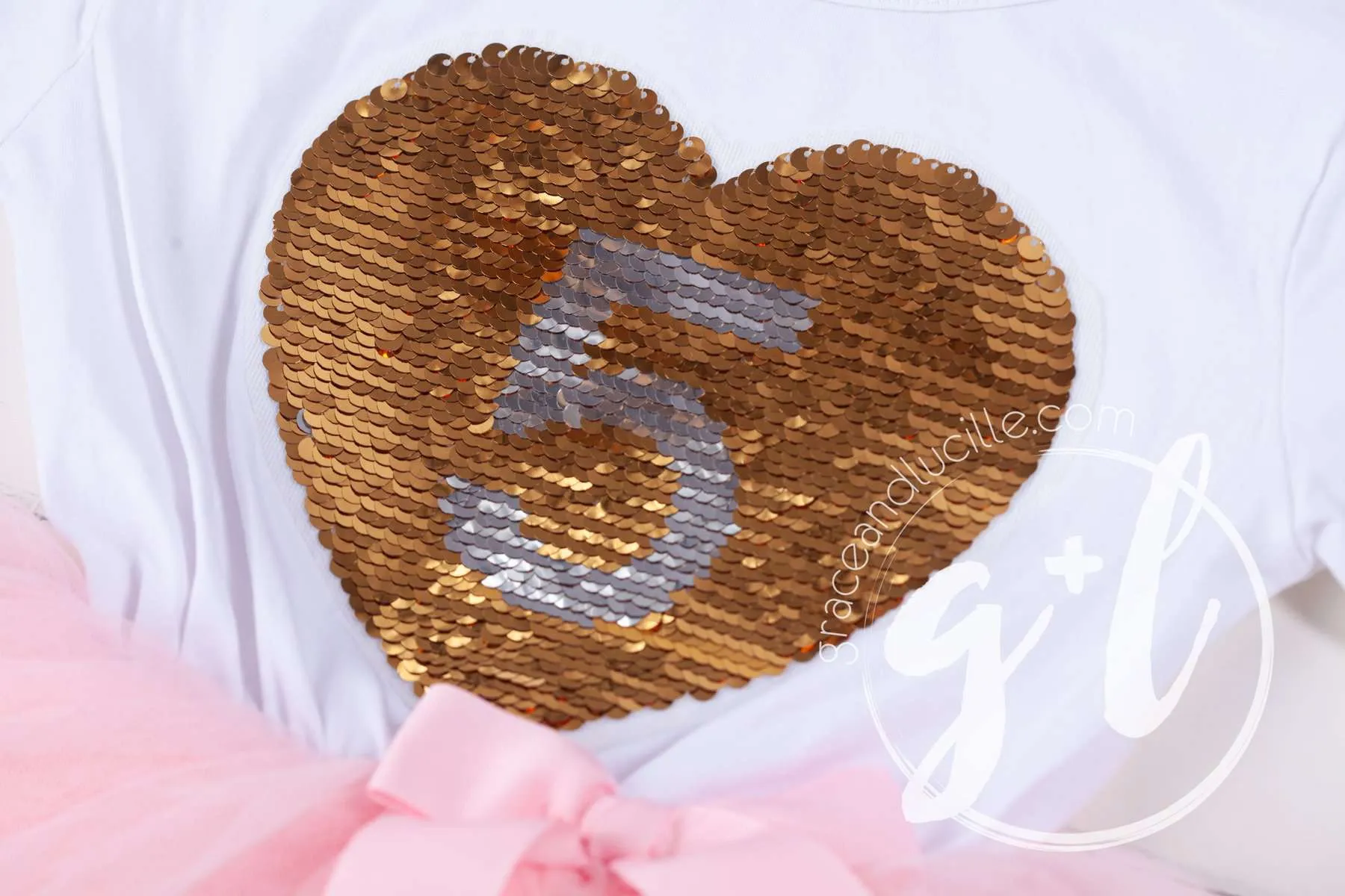 5th Birthday Outfit with FLIP Sequin Heart of Gold numeric FIVE heart